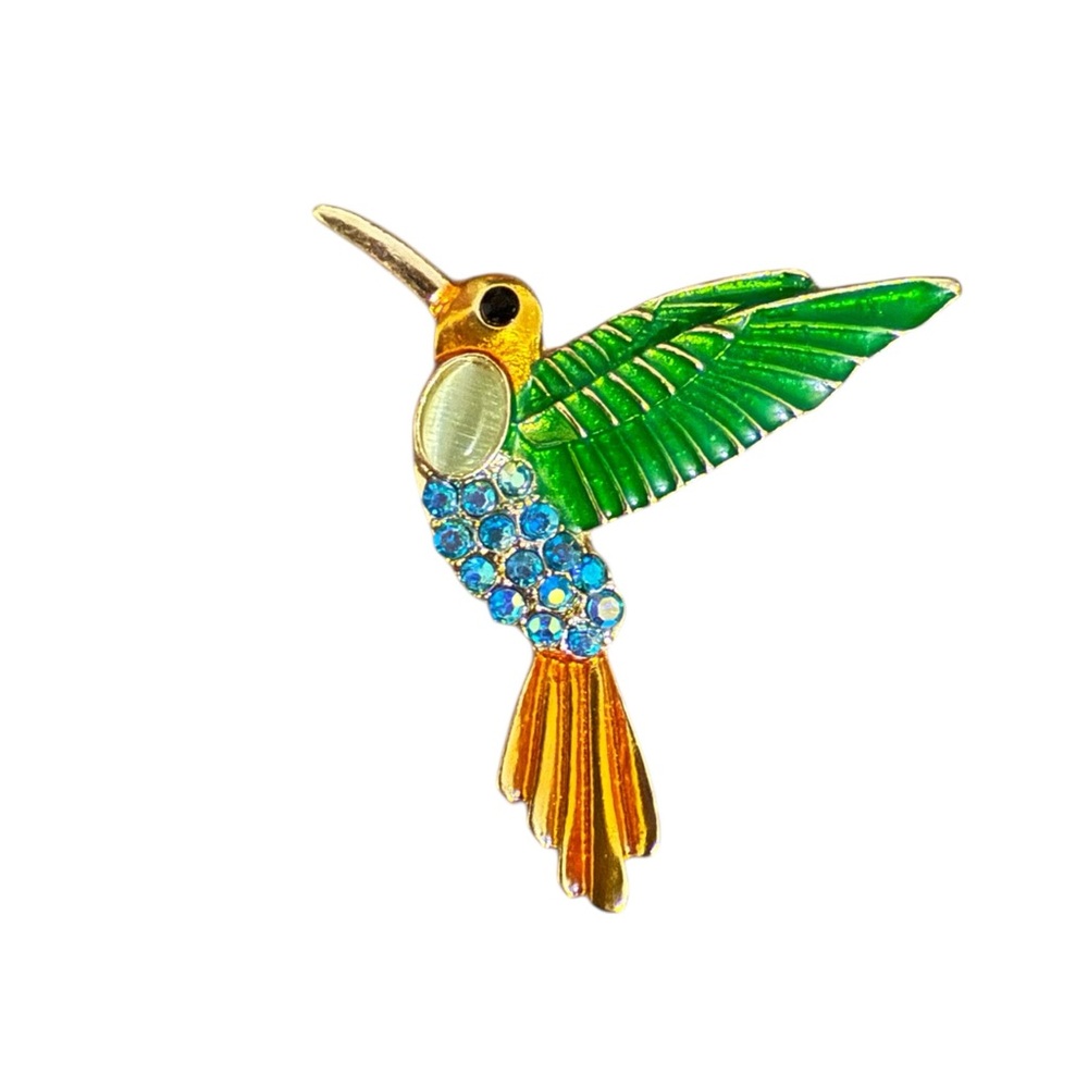 Blue Hummingbird Brooch in Gold Tone